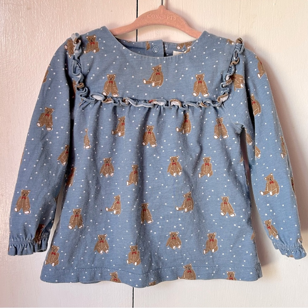 Baby Boden blue teddy bear ruffle top, size 12-18 months